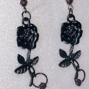 Handmade purple bead detailed, black rose dangle earrings